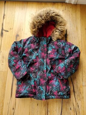 Gusti Kids Floral Puffer Jacket in Black, Pink & Teal with Faux Fur Hood